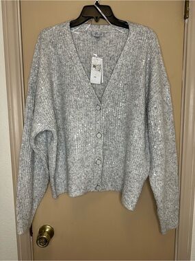 Guess Light Gray Sequin V-Neck Button Cardigan